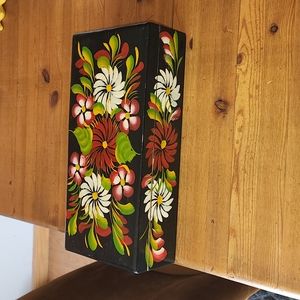 Mexican Wood Handmade/Painted Flower Ptn Box 12.5x3x5 75" Black Lacquer EUC